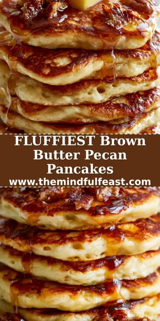 A towering stack of five fluffy brown butter pecan pancakes with melting salted butter and amber maple syrup drizzle on a marble plate.