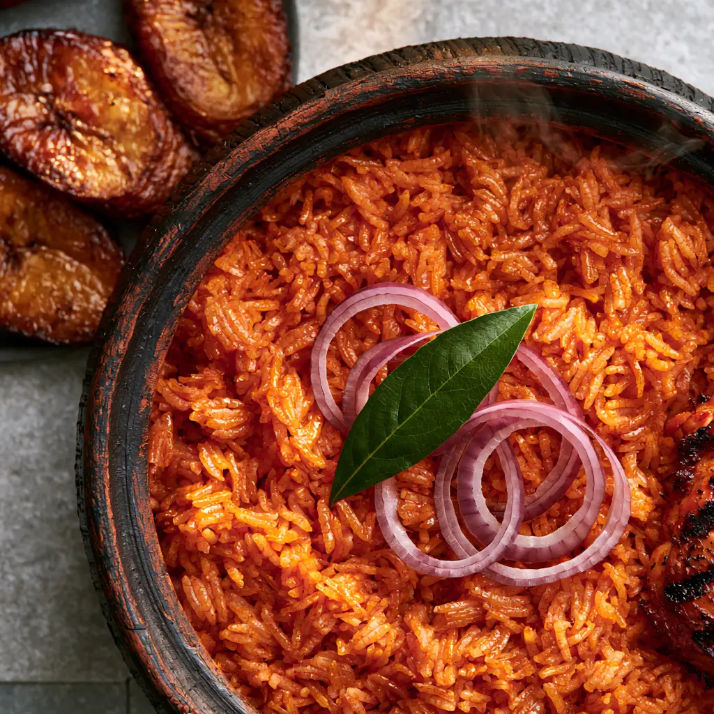 Nigerian Jollof Rice: The Ultimate Smoky One-Pot Masterpiece 1 Close-up of caramelized fried plantains and char-grilled chicken drumstick next to a pot of Nigerian Jollof Rice.