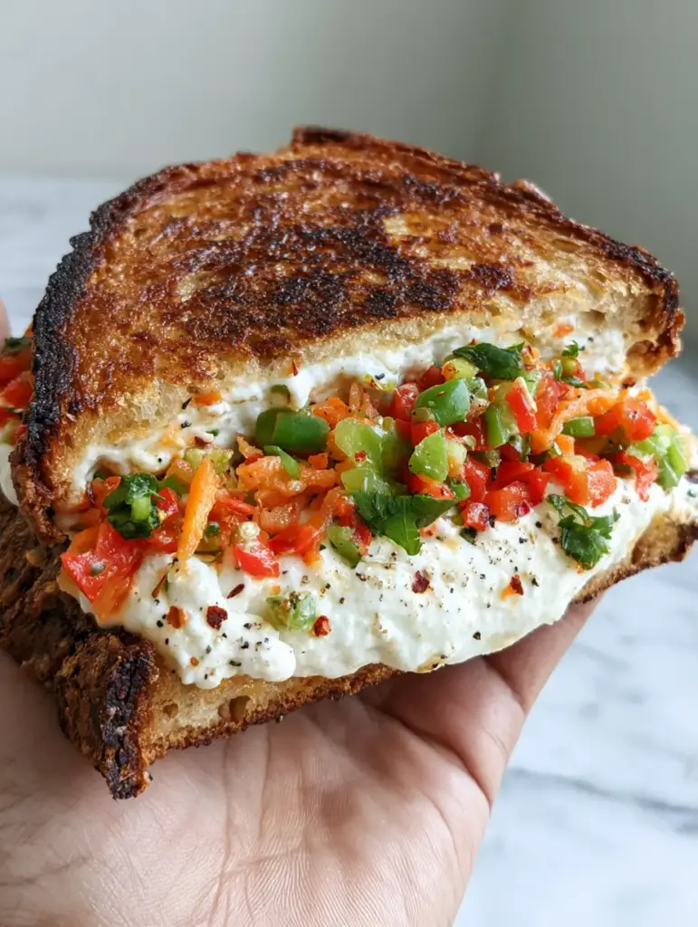 Dahi Sandwich with Toasted Sourdough and Creamy Hung Curd Filling 2 A handheld smartphone photo of a Dahi Sandwich cross-section with thick sourdough crust and creamy curd. (Dahi Sandwich)