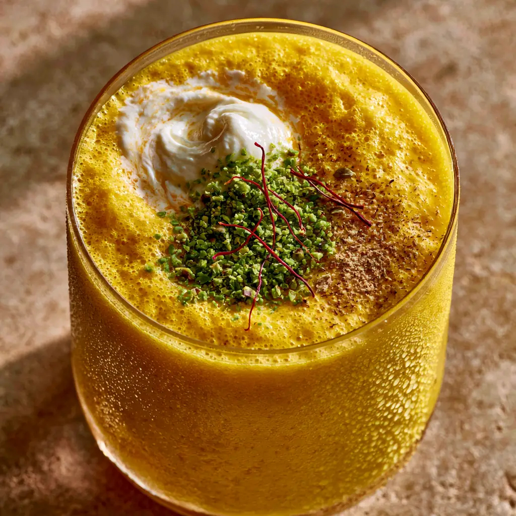 Extreme close-up of the frothy surface of a mango lassi showing cardamom dusting and saffron. (mango lassi)