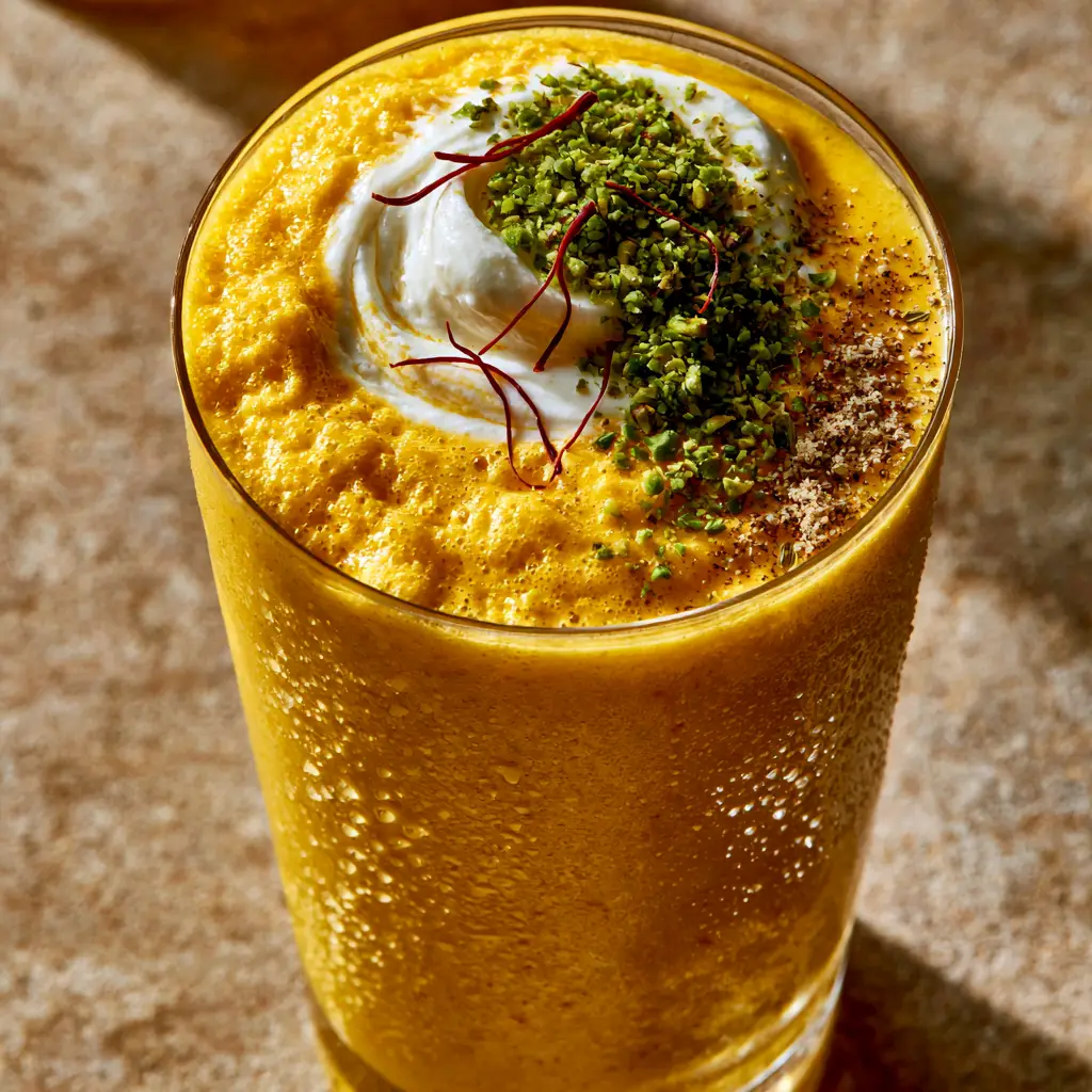 Mango Lassi: The Ultimate Guide to the Creamiest Indian Yogurt Drink 1 Side view of a chilled glass of mango lassi with visible condensation droplets.
