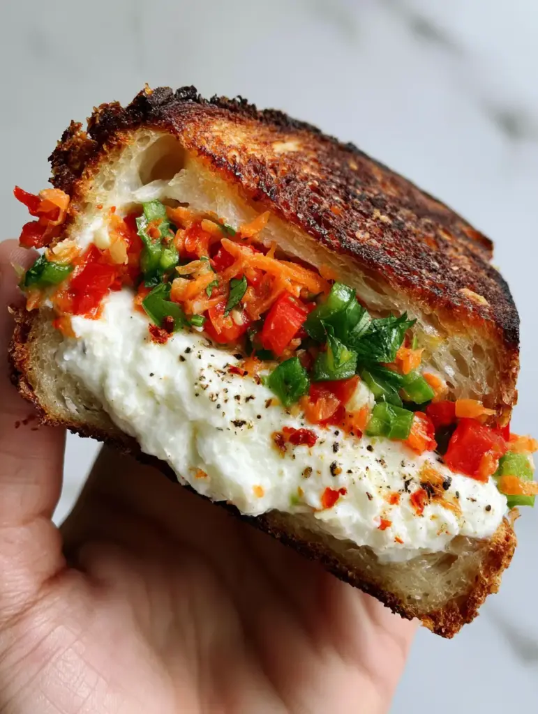 Dahi Sandwich with Toasted Sourdough and Creamy Hung Curd Filling 1 Detailed view of buttery toasted sourdough edges and thick white dahi filling with chili flakes. (Dahi Sandwich)