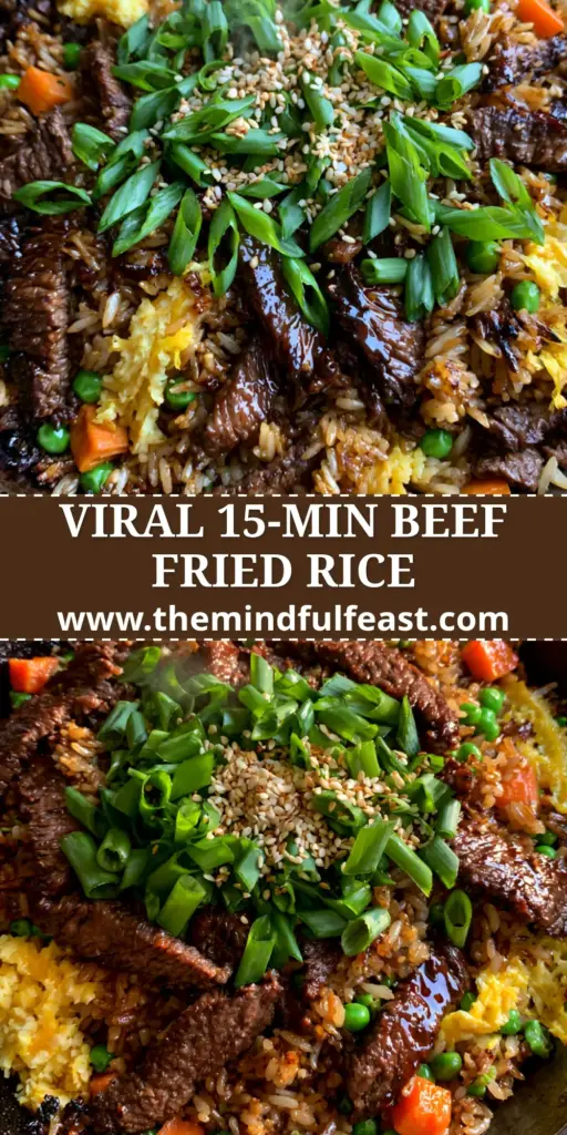 Beef Fried Rice: The Ultimate Guide to Wok-Seared Perfection 4 A macro shot of beef fried rice featuring glistening seared flank steak, golden rice grains, and bright green peas in a dark carbon steel wok.