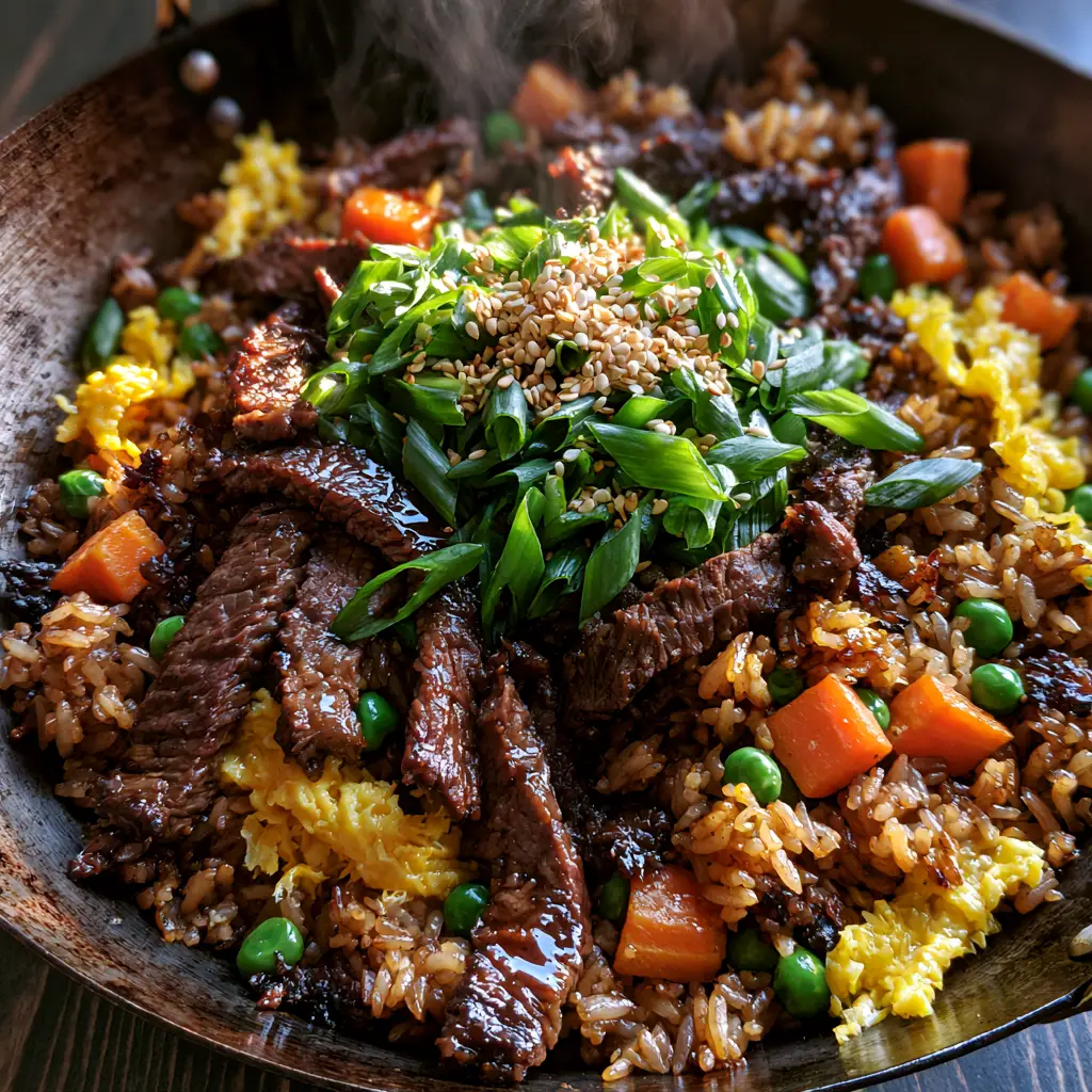 Beef Fried Rice: The Ultimate Guide to Wok-Seared Perfection 2 Top-down view of beef fried rice in a seasoned wok showing individual golden jasmine rice grains and charred beef. (beef fried rice)