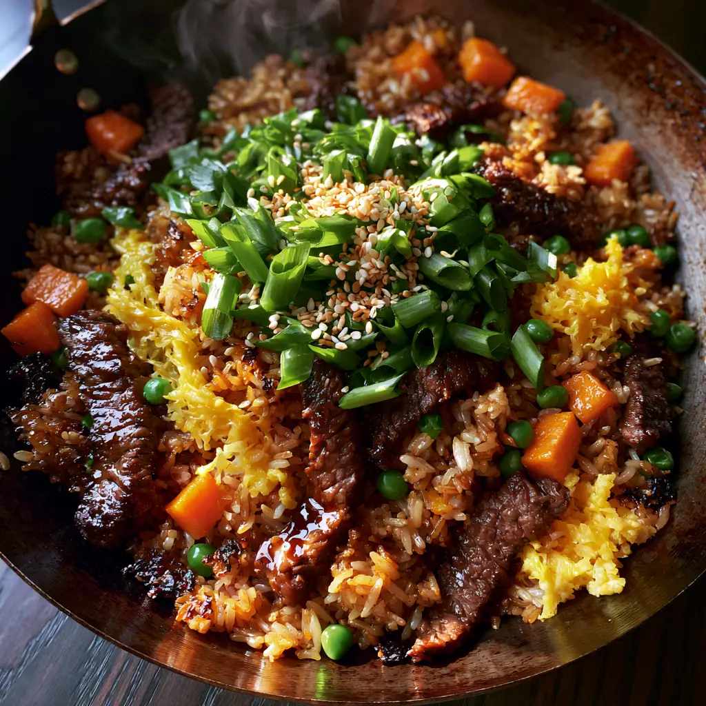 Beef Fried Rice: The Ultimate Guide to Wok-Seared Perfection 1 A close-up of beef fried rice highlighting vibrant green scallions, orange carrots, and yellow egg ribbons. (beef fried rice)