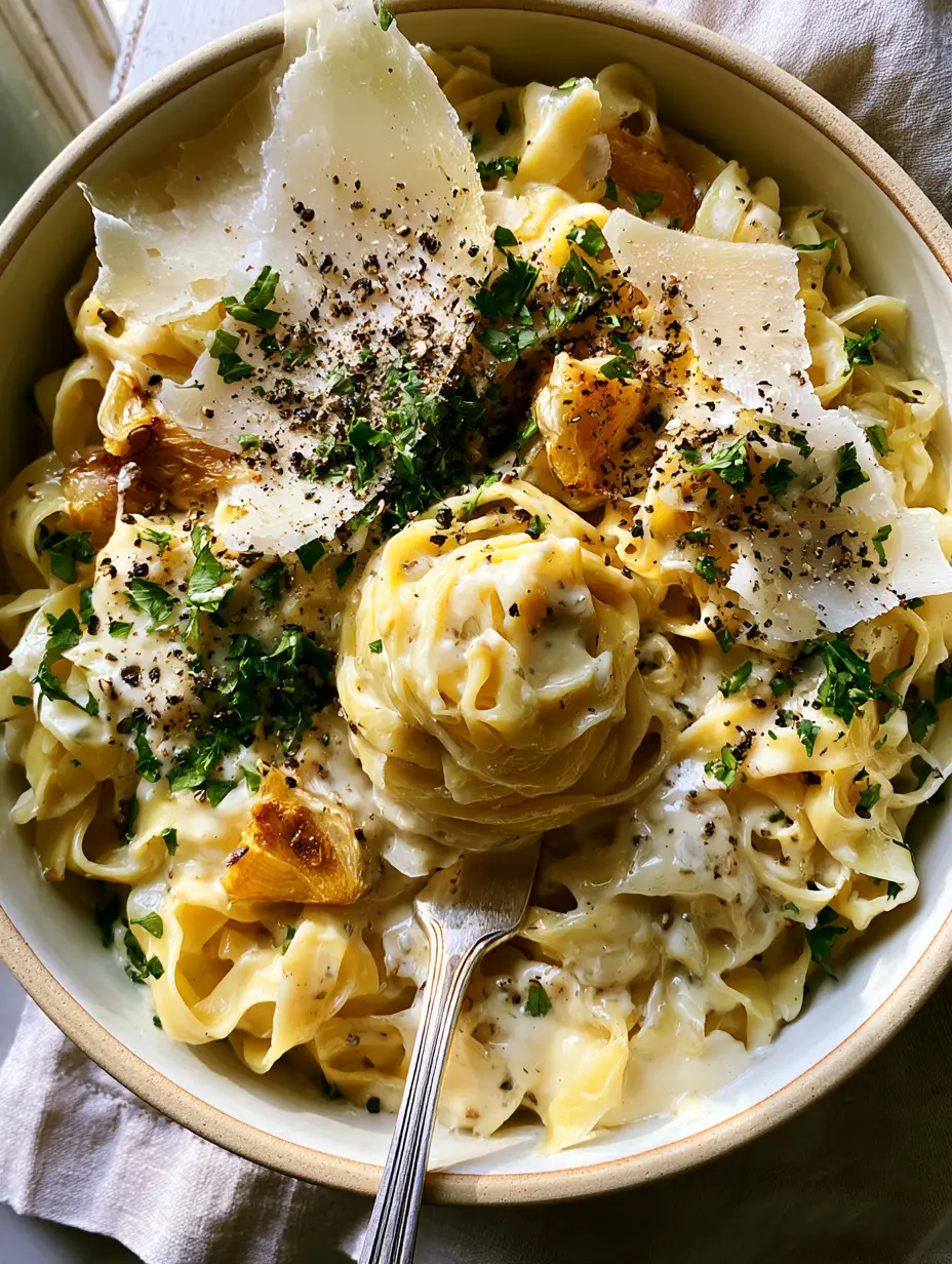 Overhead smartphone shot of 20-minute pasta in a rustic cream pot with parmesan shavings and parsley. (20-minute pasta)