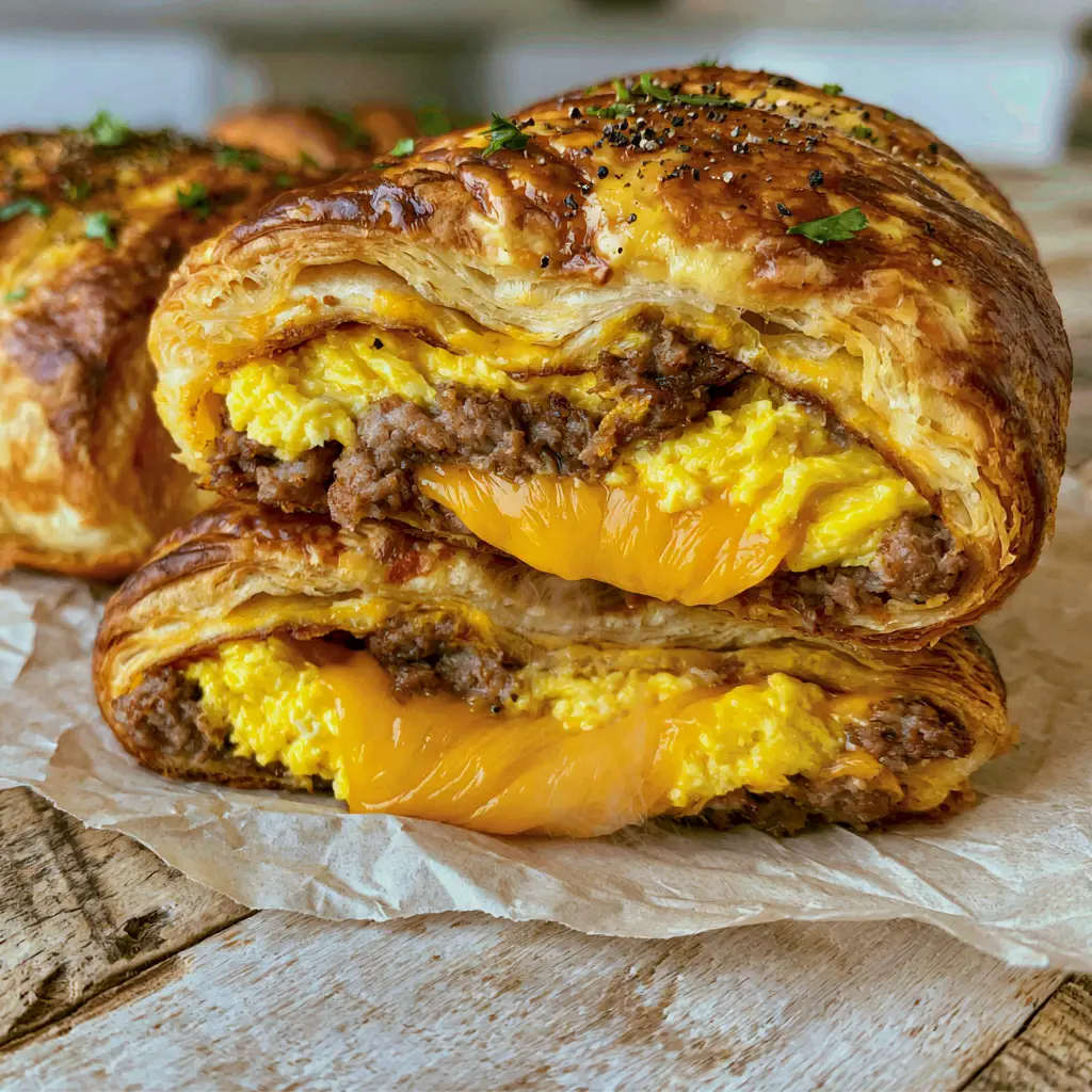 Sausage and egg Breakfast roll-ups resting on crumpled parchment paper on a rustic wood surface.
