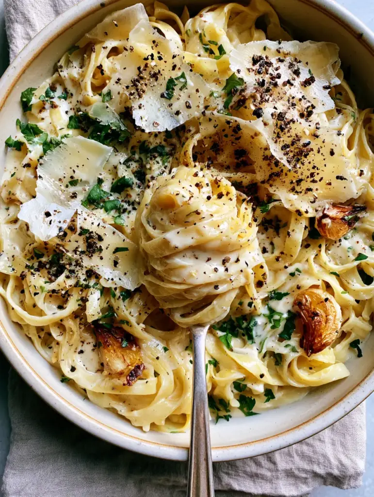 Close-up of thick velvety ivory sauce coating wide fettuccine ribbons with cracked pepper. (20-minute pasta)