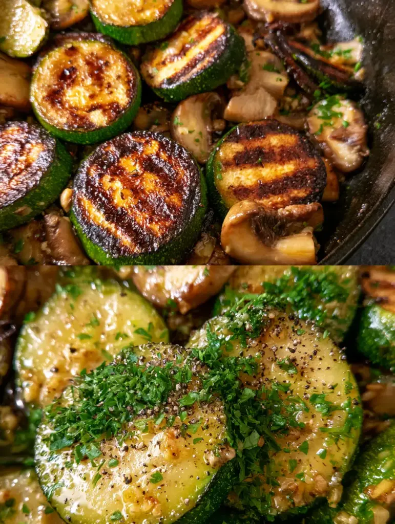 Skillet Zucchini and Mushrooms with Garlic Butter Glaze 2 A split-view vertical photo showing a top-down hero shot of Skillet Zucchini and Mushrooms and a macro texture shot of the garlic butter glaze. (Skillet Zucchini and Mushrooms)