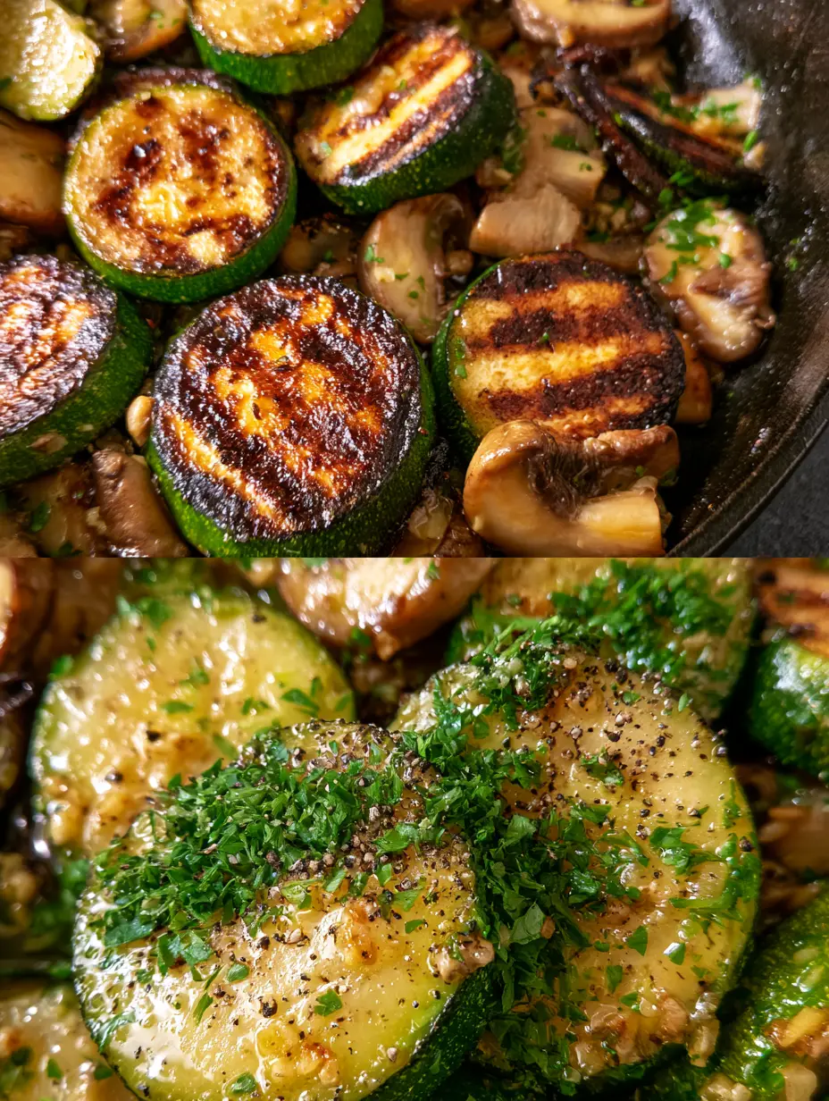 Skillet Zucchini and Mushrooms with Garlic Butter Glaze 3 A split-view vertical photo showing a top-down hero shot of Skillet Zucchini and Mushrooms and a macro texture shot of the garlic butter glaze. (Skillet Zucchini and Mushrooms)