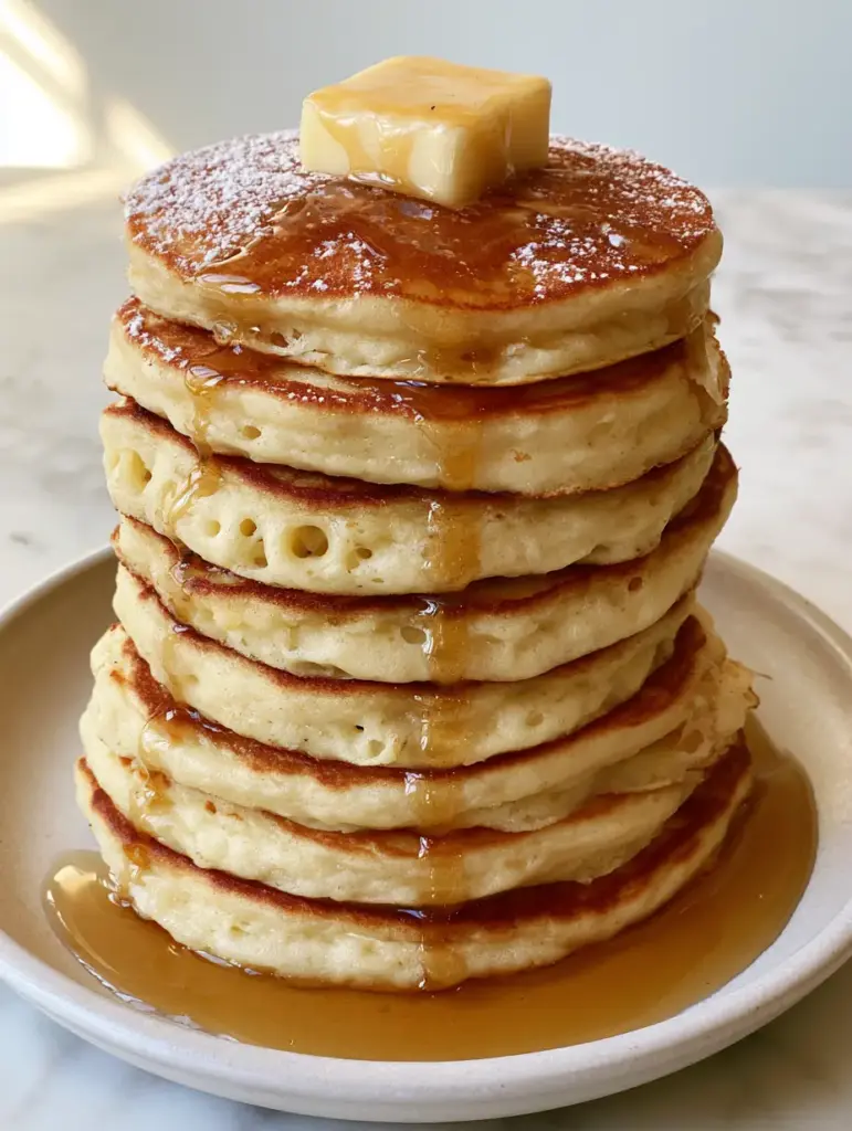 Fluffy Pancake Recipe: The Secret to Sky-High Buttermilk Stacks 1 Golden brown seared tops of buttermilk pancakes stacked on a matte white ceramic plate.