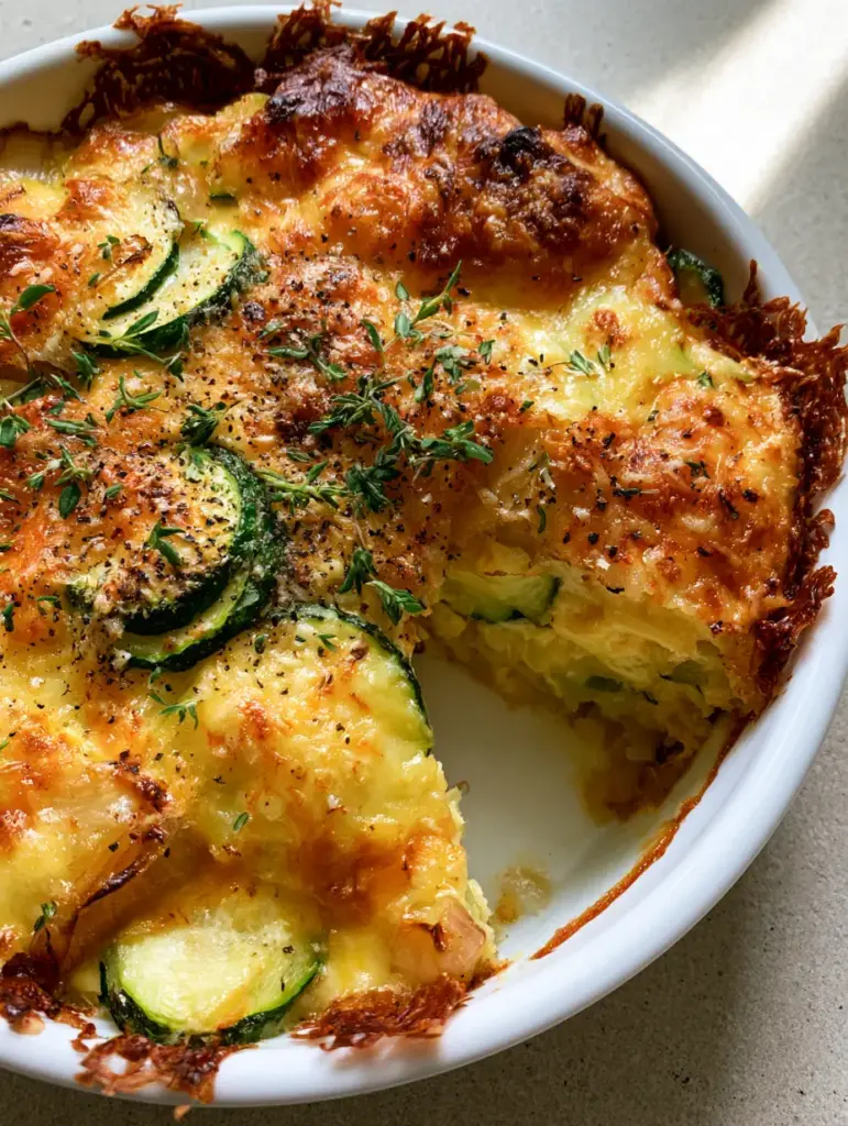 Zucchini Onion Pie with Caramelized Onions and Sharp Cheddar 1 High-angle shot showing a slice of Zucchini Onion Pie on a stone countertop with natural light.