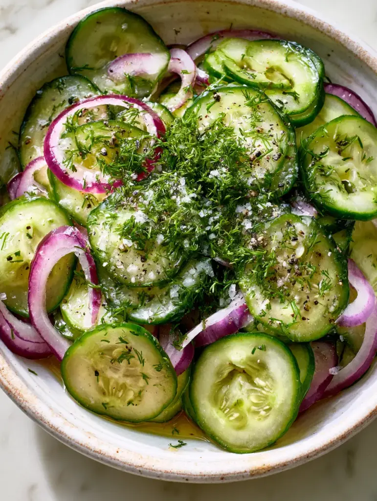 Cucumber Onion Salad with Fresh Dill and Light Vinaigrette 1 Finely chopped fresh dill and coarse sea salt topping a cucumber onion salad. (cucumber onion salad)