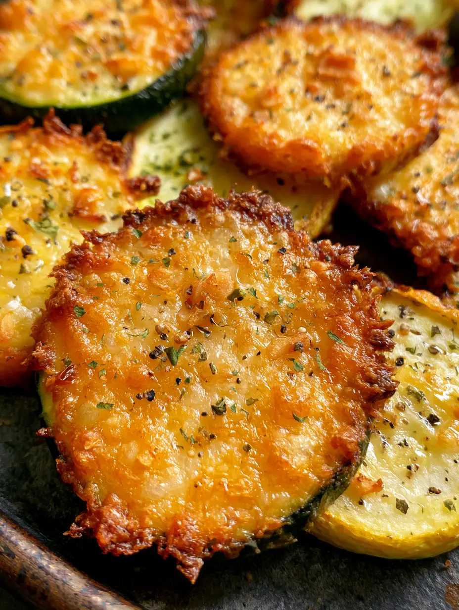 Oven Roasted Zucchini and Squash with Crispy Parmesan Crust 3 Macro shot of caramelized zucchini rounds and yellow squash with toasted garlic bits and cracked black pepper. (Oven Roasted Zucchini and Squash)