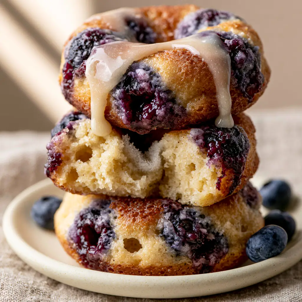 Baked Blueberry Donuts with Thick Vanilla Bean Glaze 1 A close-up of a torn-open baked blueberry donut showing a steaming, soft, and tender interior with a thick translucent sugar glaze. (baked blueberry donuts)