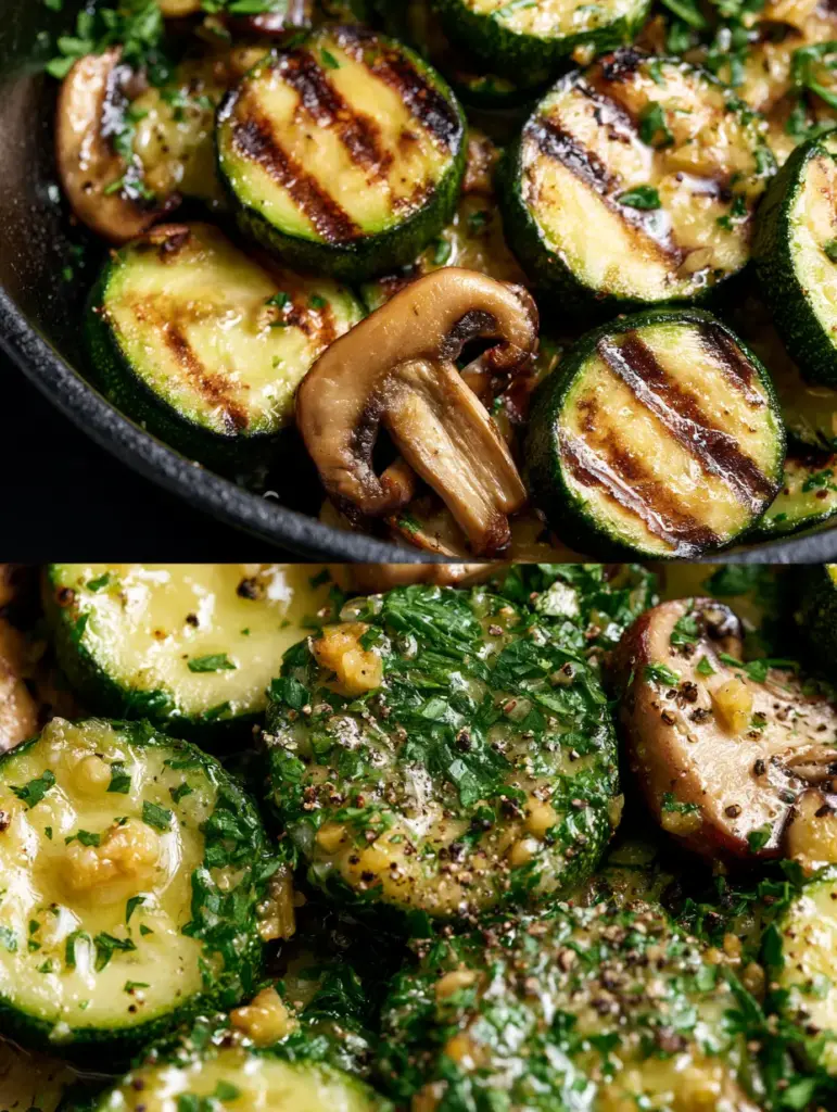 Skillet Zucchini and Mushrooms with Garlic Butter Glaze 1 Close-up macro shot of seared cremini mushrooms and zucchini rounds coated in golden fried garlic and fresh parsley. (Skillet Zucchini and Mushrooms)