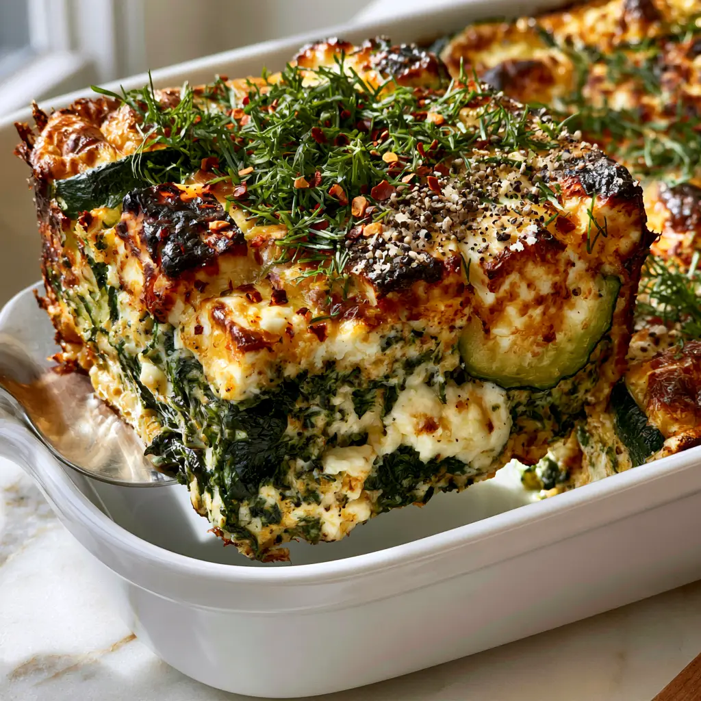 Zucchini Spinach Feta Casserole: A Savory Mediterranean Masterpiece 2 A silver server lifting a square of zucchini spinach feta casserole showing the moist layered interior and charred feta top. (zucchini spinach feta casserole)
