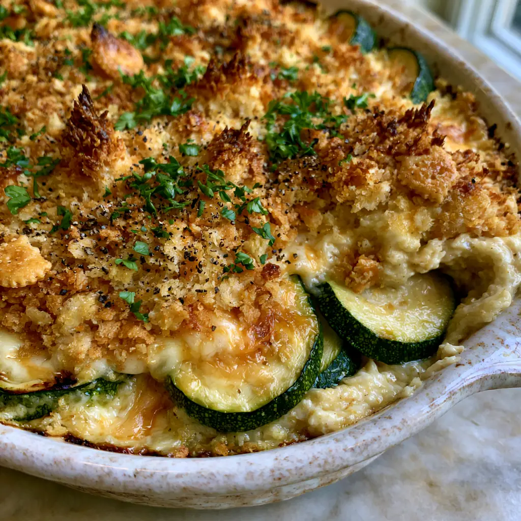 One corner scooped out of a zucchini casserole revealing a thick, creamy interior and firm green zucchini half-moons.