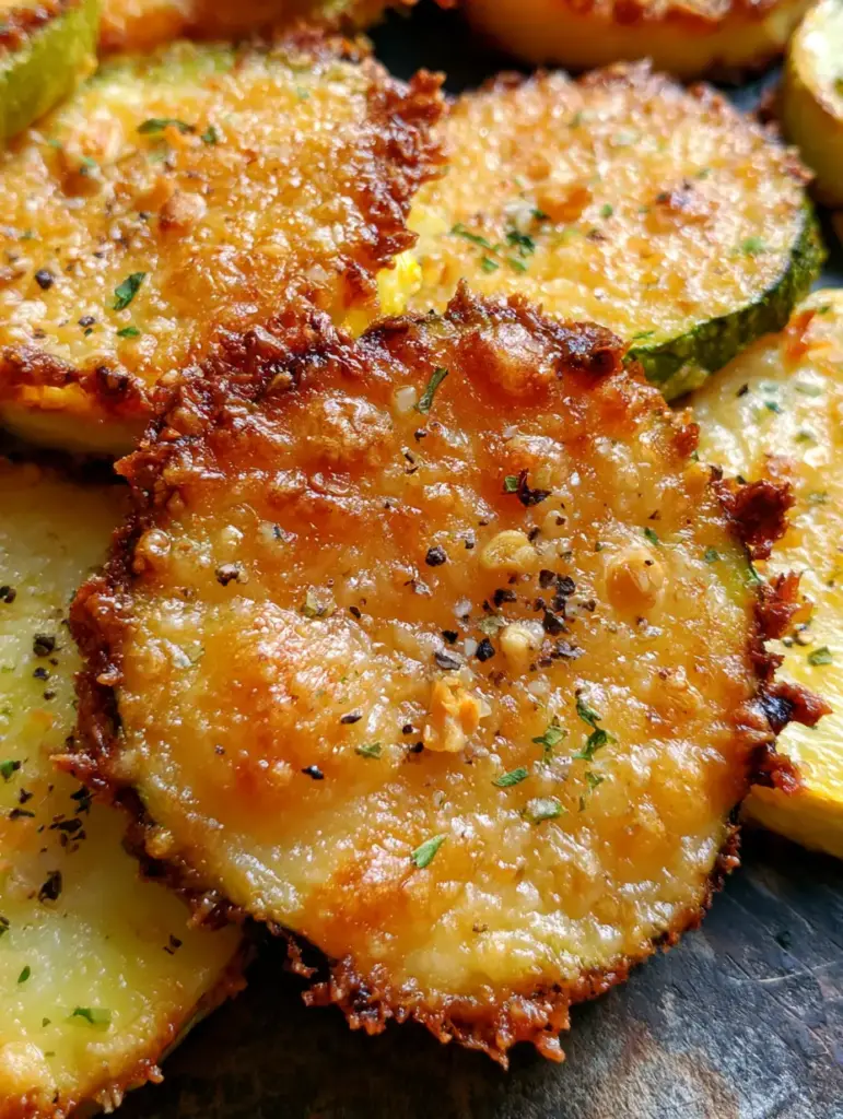 Oven Roasted Zucchini and Squash with Crispy Parmesan Crust 1 Extreme close-up of roasted summer squash coins with a visible olive oil sheen and dried parsley flakes.