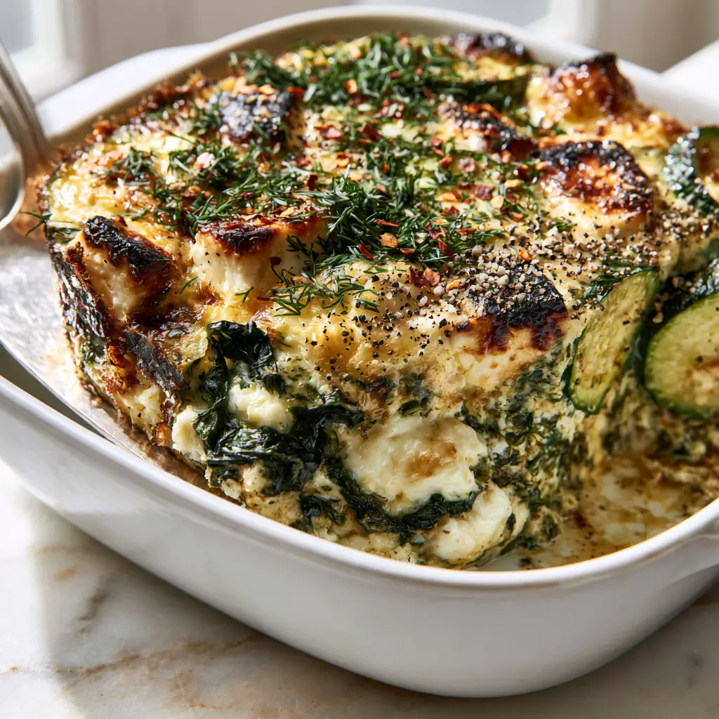 Zucchini Spinach Feta Casserole: A Savory Mediterranean Masterpiece 1 Close up mosaic of golden eggs, charred feta chunks, and vibrant green zucchini slices in a casserole. (zucchini spinach feta casserole)