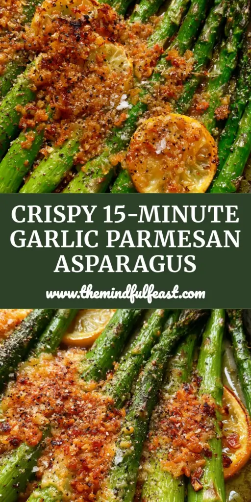 A macro shot of sheet pan asparagus with charred tips, golden parmesan crust, and roasted lemon slices on a dark metal pan.