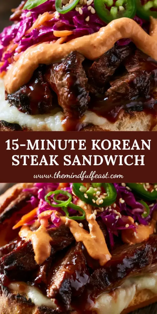 Korean Steak Sandwich with Gochujang Aioli and Ribeye Strips 4 A close-up of a Korean Steak Sandwich with seared ribeye, purple cabbage, and orange Gochujang aioli drizzle on an artisan baguette.