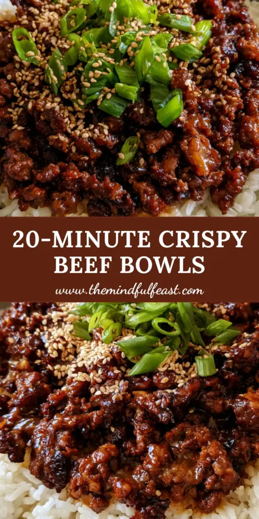A high-angle photo of a honey garlic beef rice bowl in a matte-grey ceramic bowl with crispy mahogany beef and glossy glaze.