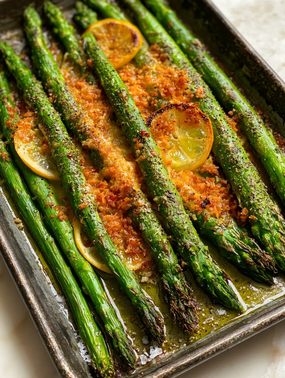 Top-down view of vibrant emerald green sheet pan asparagus spears with caramelized garlic and sea salt flakes.
