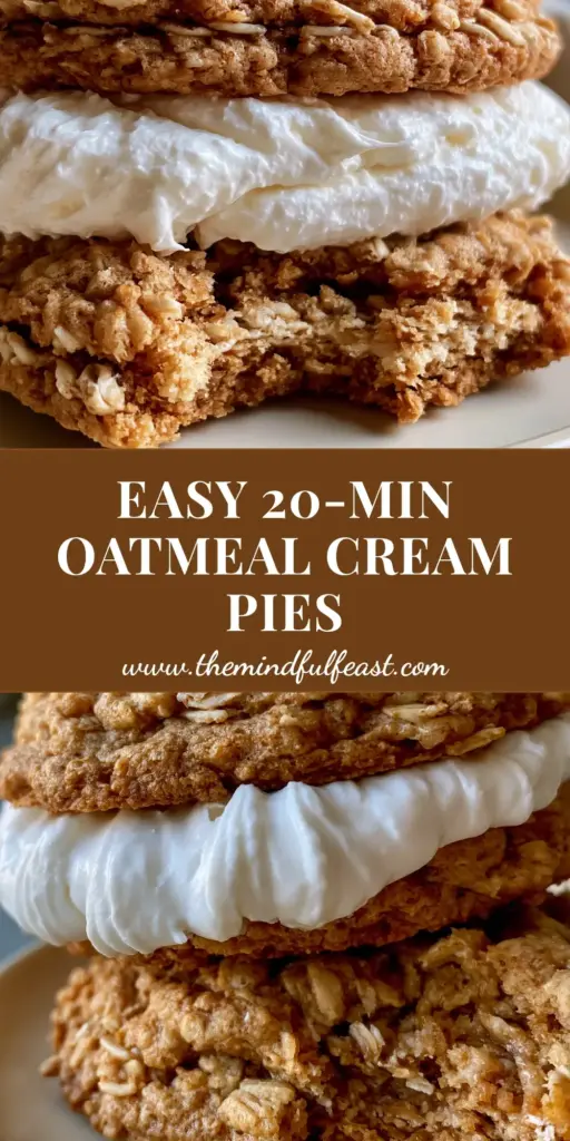 A stacked homemade oatmeal cream pie on a cream ceramic plate featuring soft-baked cookies and marshmallow filling.