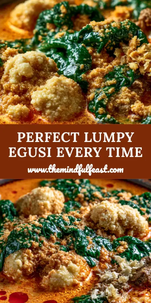 Egusi Soup: The Ultimate Guide to Authentic Nigerian Lumpy Melon Seed Stew 4 A close-up shot of authentic Nigerian Egusi Soup featuring large melon seed lumps, red palm oil, and wilted spinach in a dark bowl.