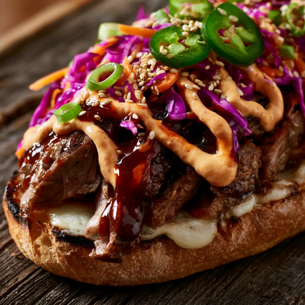 Korean Steak Sandwich with Gochujang Aioli and Ribeye Strips 2 Macro view of seared ribeye steak strips with mahogany glaze and bubbly provolone cheese on a charred baguette.