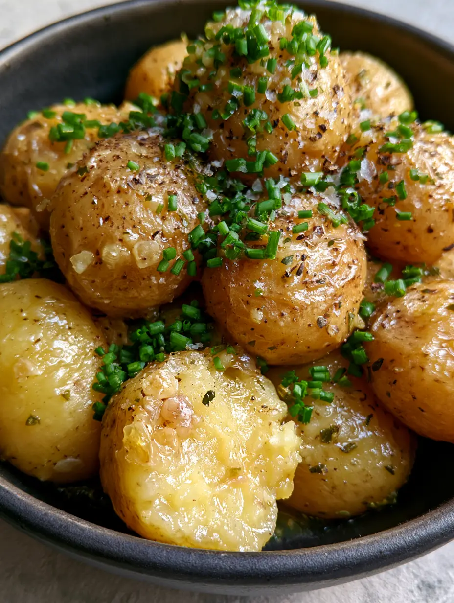 Extreme close-up of a crushed baby gold potato showing its fluffy yellow interior and glistening garlic butter skin. (slow cooker baby potatoes)