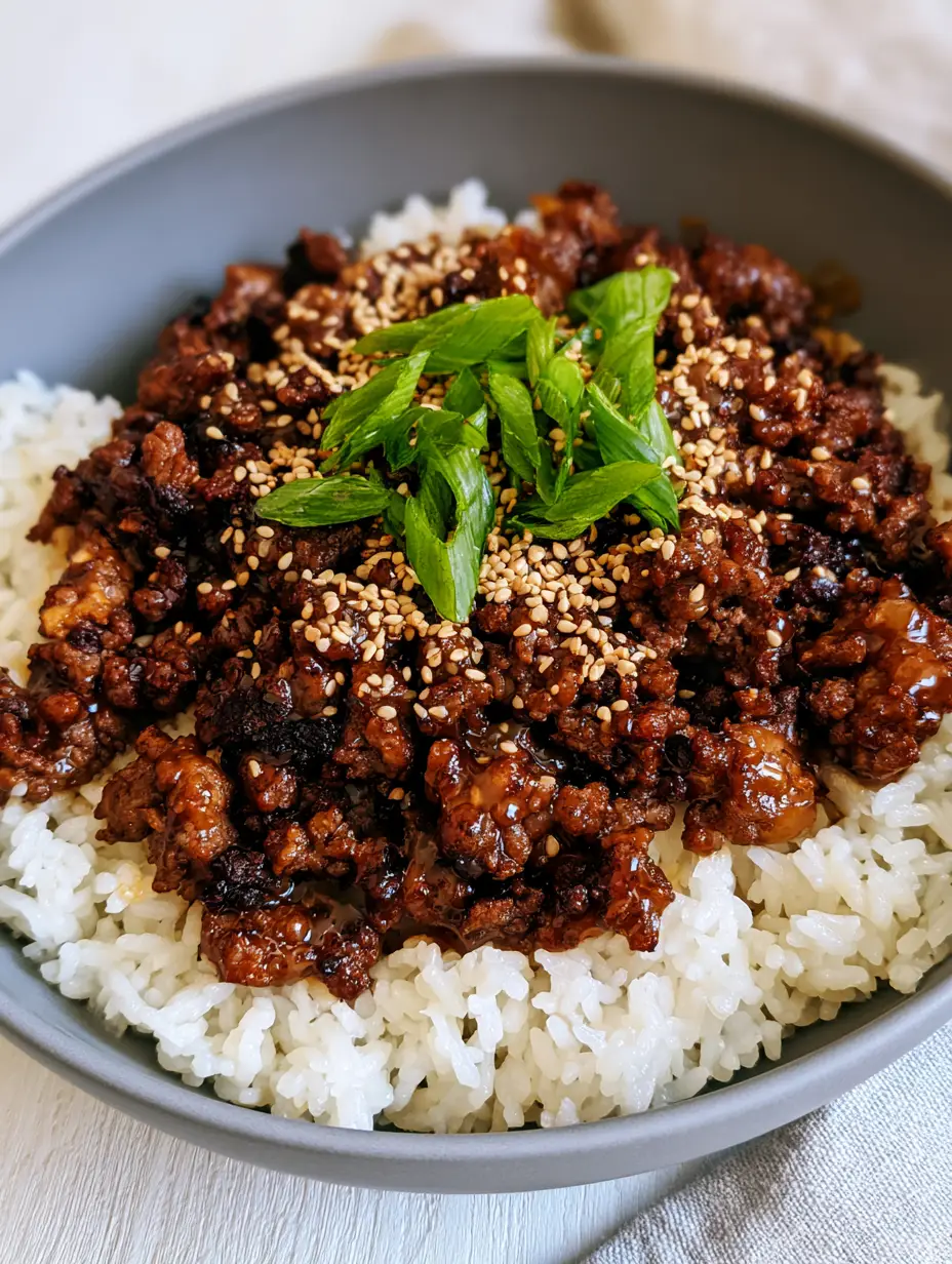 Close-up of extra-crispy ground beef crumbles coated in translucent honey garlic glaze for a honey garlic beef rice bowl.
