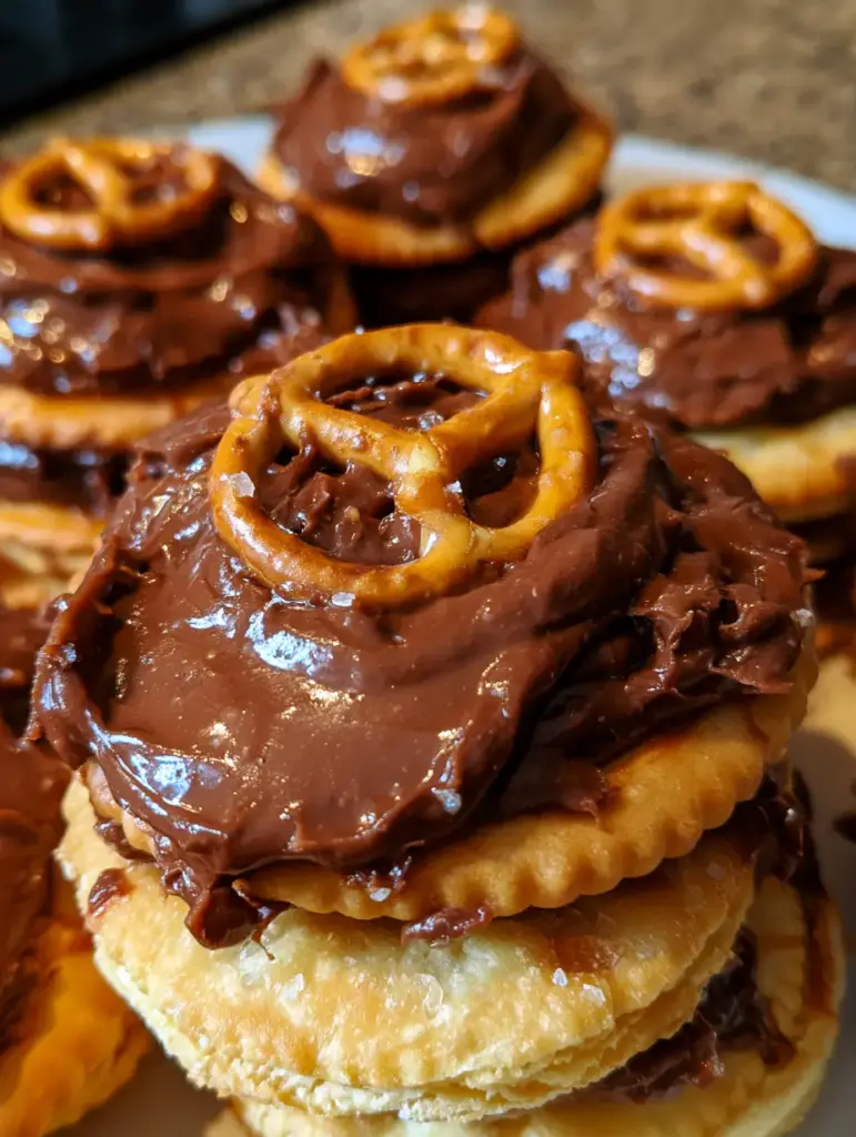 Stoner Snacks: The Ultimate Buttery Chocolate Hazelnut Pretzel Bites 1 Handheld photo of stacked buttery crackers with chocolate and pretzels in golden hour light.