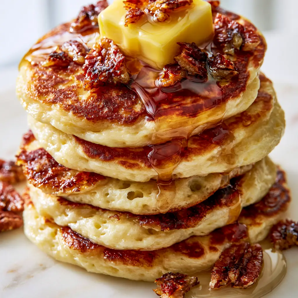 Eye-level shot of five thick brown butter pecan pancakes with glistening maple syrup cascade and a dusting of cinnamon.