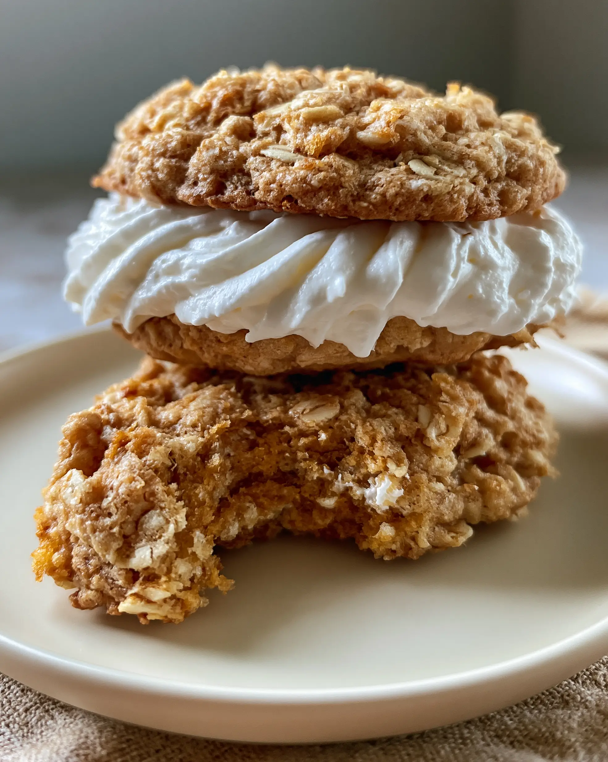 Close-up eye-level shot of stacked oatmeal cream pies showing visible rolled oats and thick white filling.