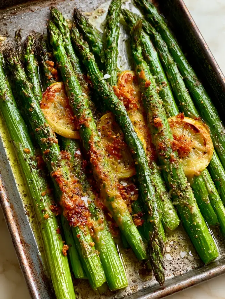 Close up of charred lemon slices and crispy parmesan bits on roasted sheet pan asparagus.