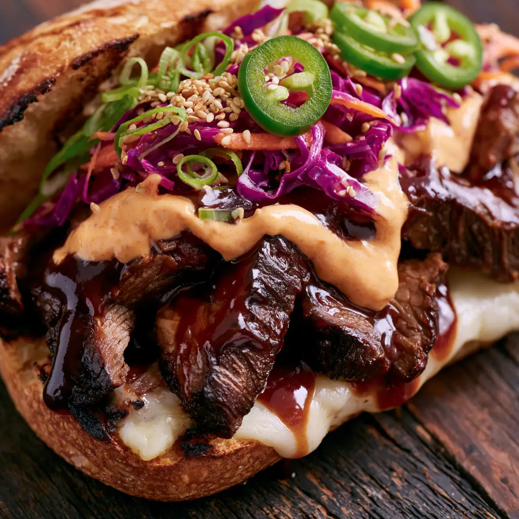Korean Steak Sandwich with Gochujang Aioli and Ribeye Strips 1 Korean Steak Sandwich topped with purple cabbage, julienned carrots, and a messy Gochujang aioli zigzag.