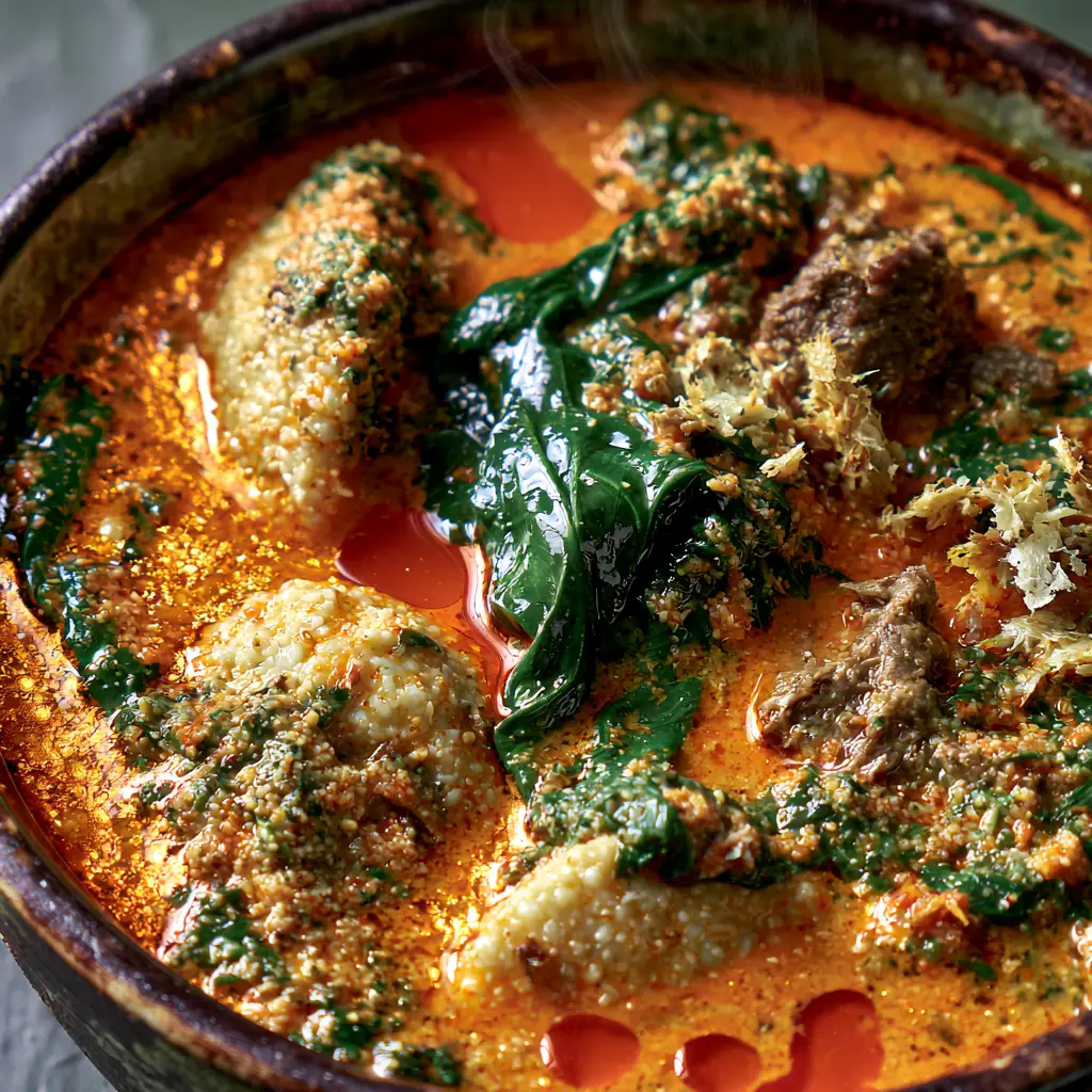Egusi Soup: The Ultimate Guide to Authentic Nigerian Lumpy Melon Seed Stew 2 Macro view of creamy egusi melon seed clusters submerged in orange-red palm oil sauce with spinach leaves.