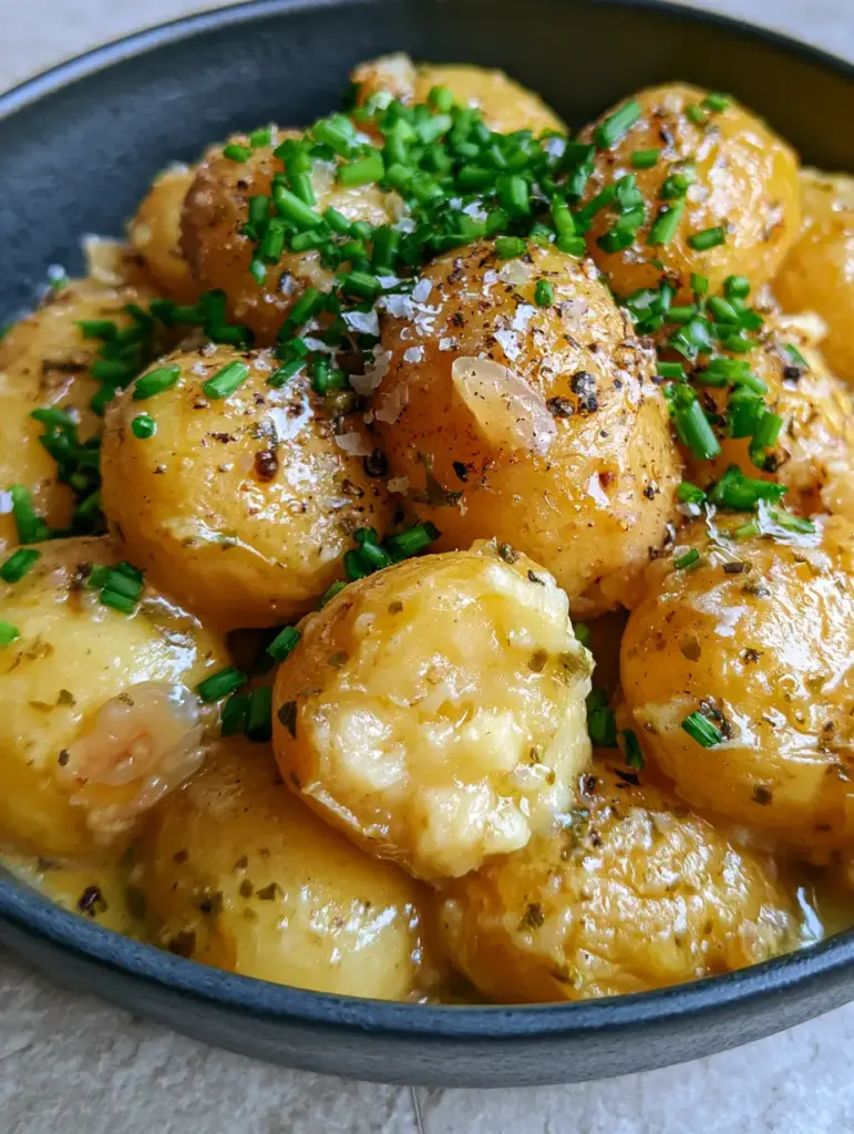Slow cooker baby potatoes garnished with bright green chives and translucent sautéed garlic bits.