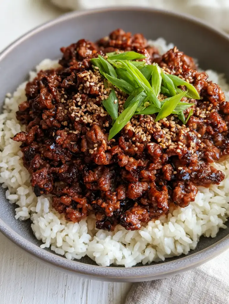 Modern matte-grey bowl filled with jasmine rice and honey garlic beef, garnished with scallions and sesame seeds.