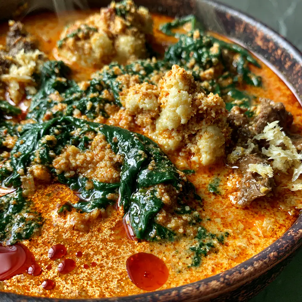 Egusi Soup: The Ultimate Guide to Authentic Nigerian Lumpy Melon Seed Stew 1 Extreme macro of succulent beef chunks and flaked stockfish in a steaming hot Egusi Soup stew.