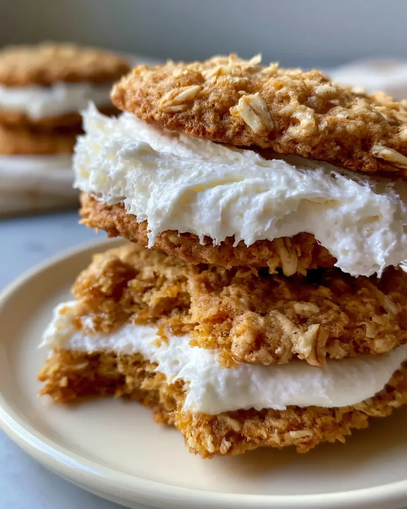 Handheld photo of an oatmeal cream pie with a bite removed, revealing the soft chewy crumb.