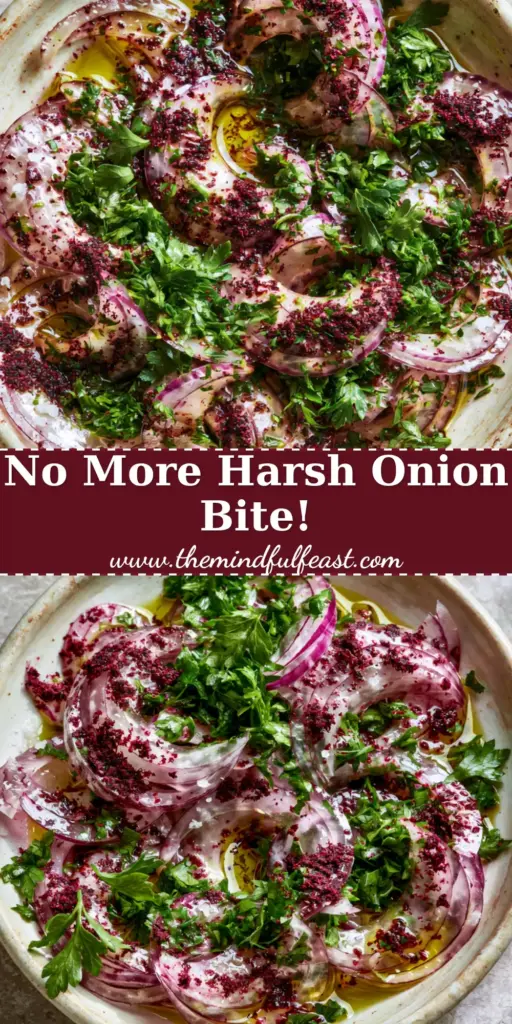 Sumac Onion Salad: The Ultimate Turkish Marinated Onion Recipe 4 A close-up overhead shot of sumac onion salad in a rustic cream bowl, featuring translucent red onions, burgundy sumac, and emerald parsley. (sumac onion salad)