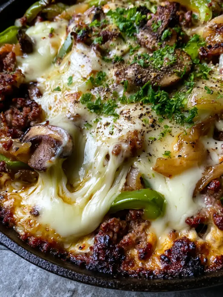 Ground beef Philly cheesesteak bowl: The Ultimate 30-Minute Skillet Dinner 2 Sizzling ground beef with charred edges and melted cheese in a cast iron skillet (Ground beef Philly cheesesteak bowl).