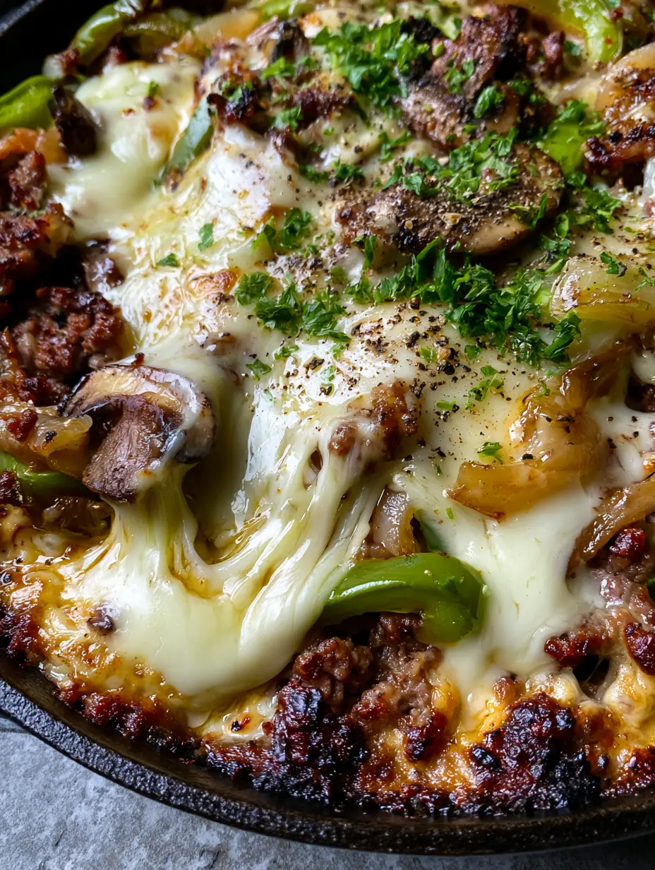 Ground beef Philly cheesesteak bowl: The Ultimate 30-Minute Skillet Dinner 3 Sizzling ground beef with charred edges and melted cheese in a cast iron skillet (Ground beef Philly cheesesteak bowl).