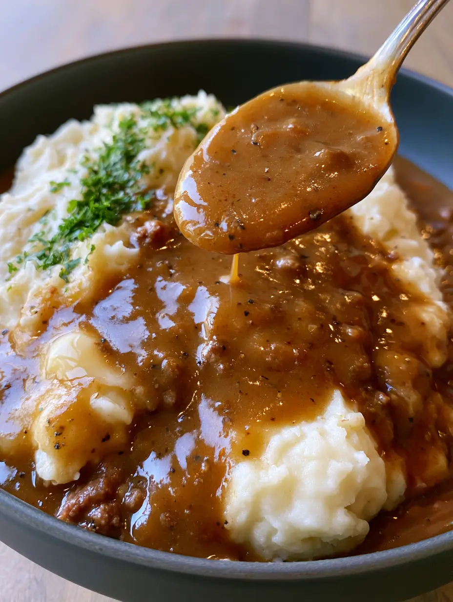 Beef Gravy Dinner with Cloud-Like Whipped Yukon Gold Mashed Potatoes 3 Extreme close-up of mahogany beef gravy being poured from a silver spoon onto whipped potatoes. (beef gravy dinner)