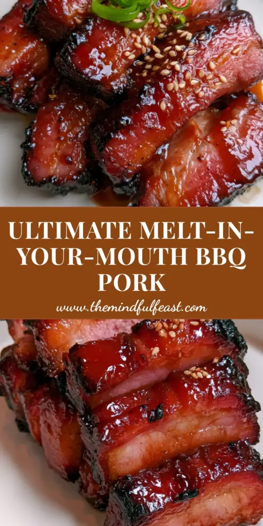 Chinese barbecue pork: The Ultimate Guide to Glistening, Tender Char Siu 4 Sliced Chinese barbecue pork with a thick mahogany-red honey glaze, charred edges, and sesame seeds on a white plate. (Chinese barbecue pork)
