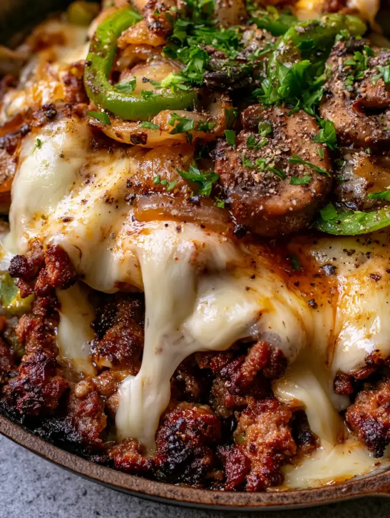 Ground beef Philly cheesesteak bowl: The Ultimate 30-Minute Skillet Dinner 1 Close up of caramelized onions and peppers mixed with mahogany seared ground beef in a cheesesteak bowl.