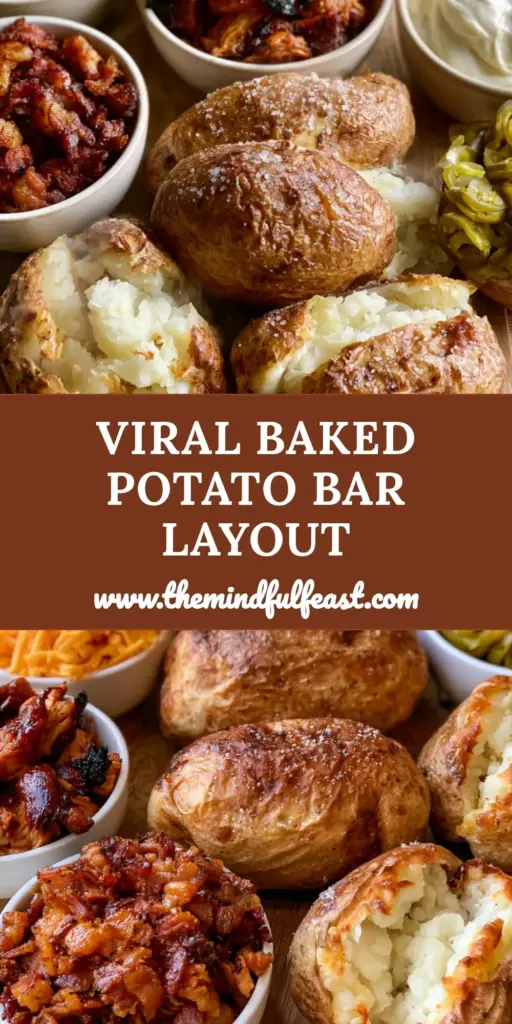 Loaded Baked Potato Ideas for the Ultimate Crispy Topping Bar 4 A rustic wooden board featuring five salt-rubbed loaded baked potato ideas with various toppings in white ceramic bowls.